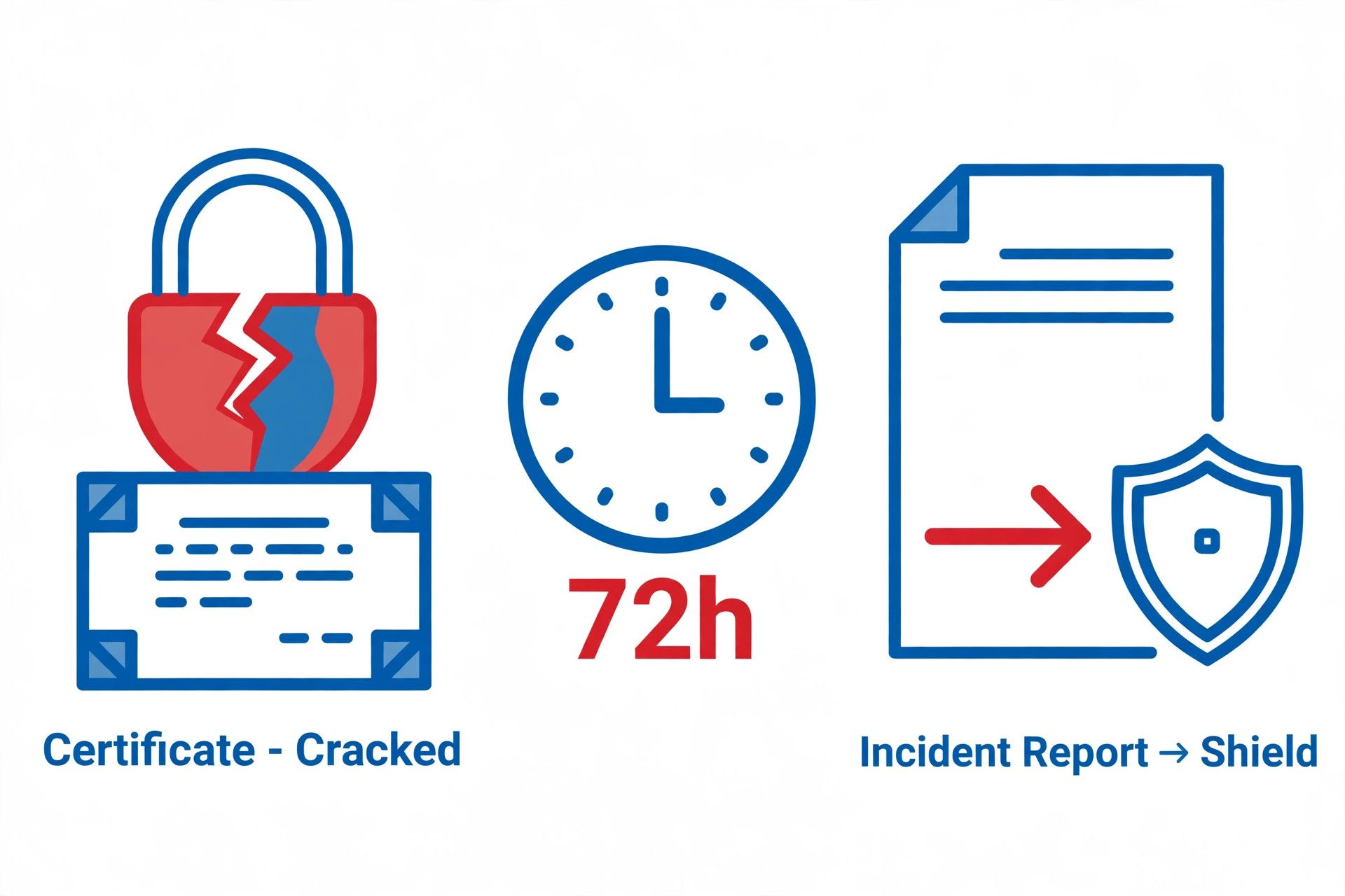 A cracked padlock certificate beside a 72 hour clock, an incident report pointing to a shield